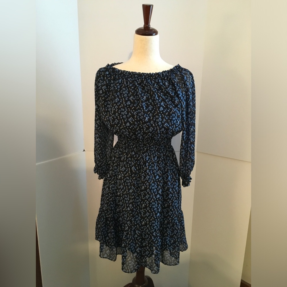 Bar III Navy Floral Long-Sleeve Smocked Dress